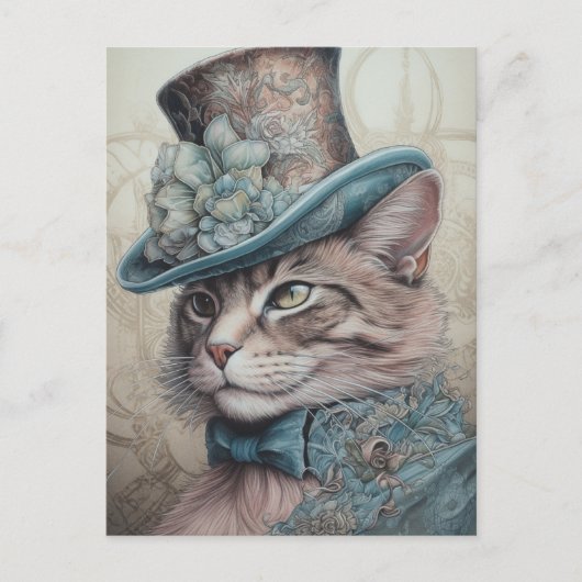  Steampunk Kat in Blauw Pak Briefkaart (Voorkant)