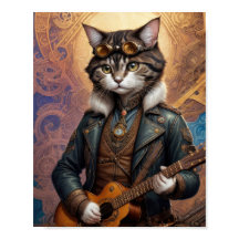 Steampunk kat in leren jas, gitaar spelen -
