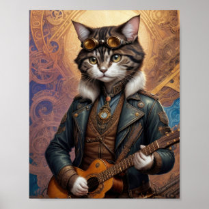 Steampunk kat in leren jas, gitaar spelen - poster