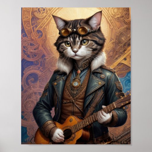 Steampunk kat in leren jas, gitaar spelen - poster (Voorkant)