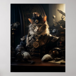 Steampunk Kat in Uniform Retro Poster