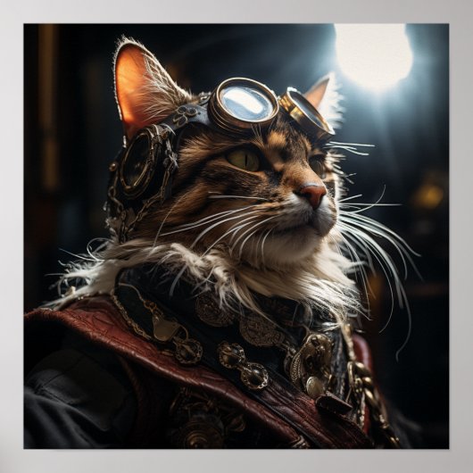 Steampunk Kat in Uniform Retro Poster (Voorkant)