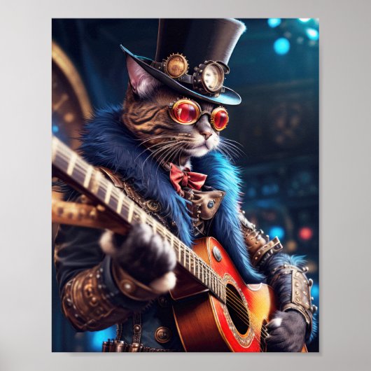 Steampunk kat met hoge hoed en bril, gitarist poster (Voorkant)