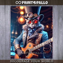 Steampunk kat met hoge hoed & stofbril die gitaar  inpakpapier vel