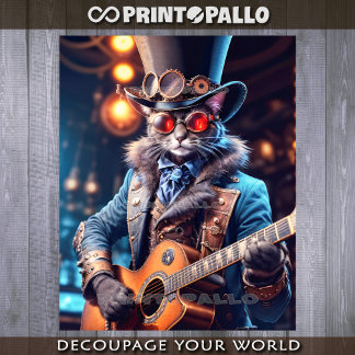 Steampunk kat met hoge hoed & stofbril die gitaar  inpakpapier vel