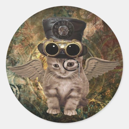 Steampunk Kat Ronde Sticker (Voorkant)