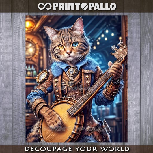 Steampunk kat speelt banjo in blauwe pub - tissuepapier