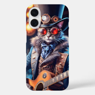 Steampunk kat speelt gitaar, hoge hoed en bril iPhone 16 hoesje