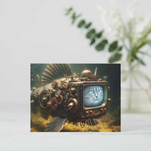 Steampunk Kat Vis Briefkaart (Staand voorkant)