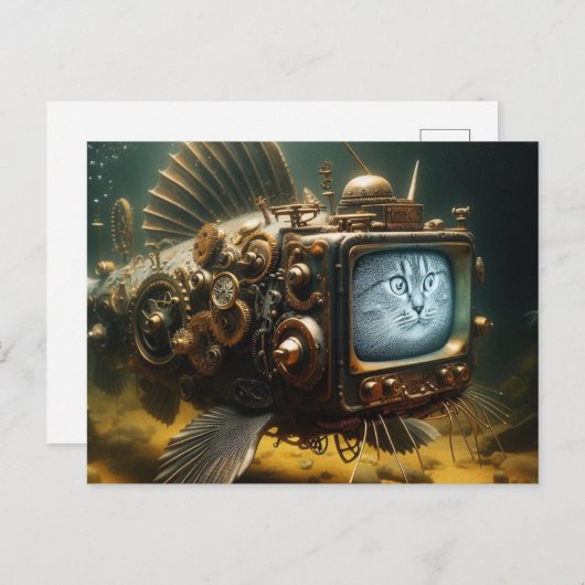 Steampunk Kat Vis Briefkaart (Voorkant / Achterkant)