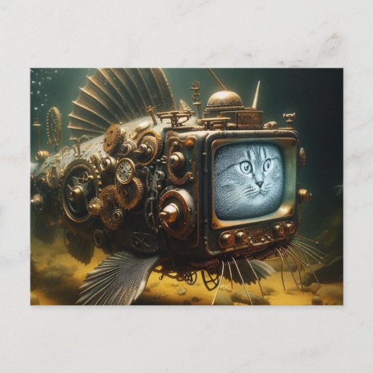 Steampunk Kat Vis Briefkaart (Voorkant)