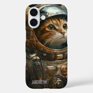 Steampunk-kattenastronaut gepersonaliseerd iPhone 16 hoesje