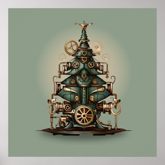 Steampunk Kerstboom  Retro Style Poster (Voorkant)