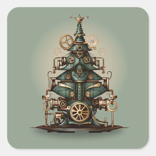 Steampunk Kerstboom Retro Style Vierkante Sticker (Voorkant)
