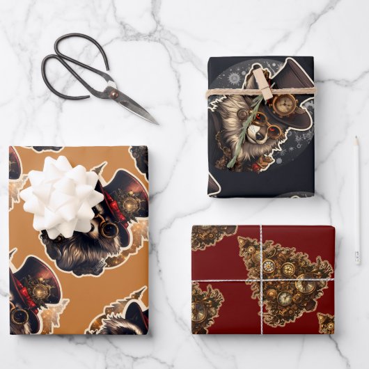 Steampunk Kerstboom Wolf Raccoon 3 patronen Inpakpapier Vel (Voorkant)
