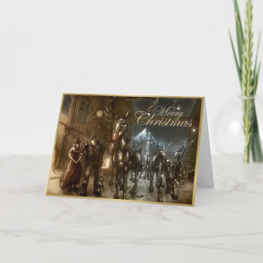 Steampunk Kerstman en rendier Kerstkaart Feestdagen Kaart (Voorkant)