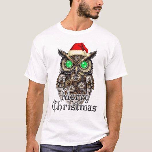 Steampunk Kerstuil: Antieke Messing & Smaragd E T-shirt (Voorkant)