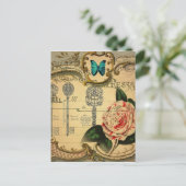 Steampunk Keys Modern  Roze Bloem Camellia Briefkaart (Staand voorkant)