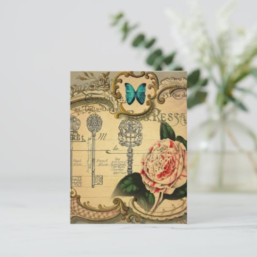 Steampunk Keys Modern  Roze Bloem Camellia Briefkaart (Staand voorkant)
