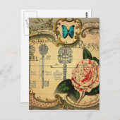 Steampunk Keys Modern  Roze Bloem Camellia Briefkaart (Voorkant / Achterkant)