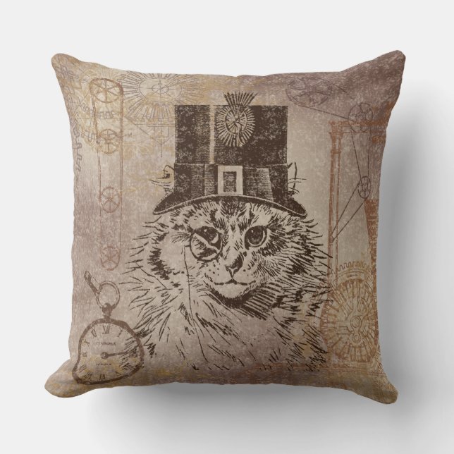 Steampunk Kitty Cat in Top Hat, Gears, Pocketwatch Kussen (Voorkant)