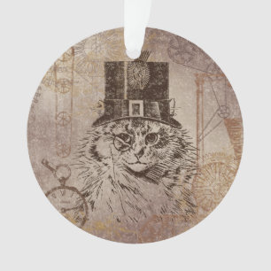 Steampunk Kitty Cat in Top Hat, Gears, Pocketwatch Ornament