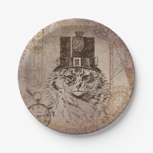 Steampunk Kitty Cat in Top Hat, Gears, Pocketwatch Papieren Bordje (Voorkant)