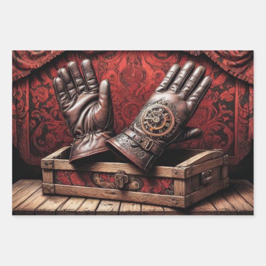 Steampunk kleding tryptisch: handschoen, bril, laa inpakpapier vel (Voorkant 3)