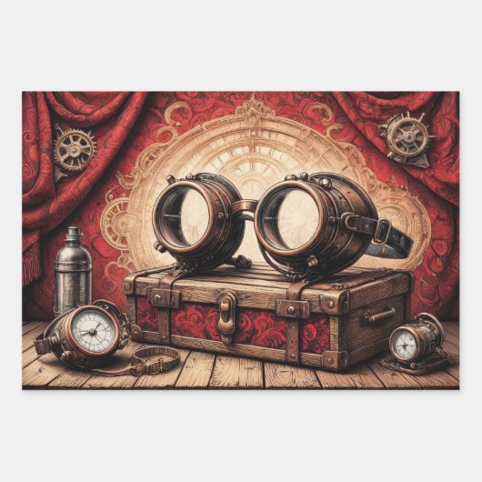 Steampunk kleding tryptisch: handschoen, bril, laa inpakpapier vel (Voorkant 2)