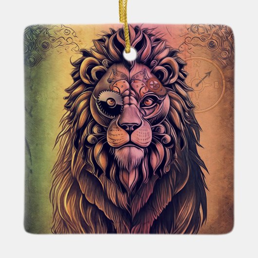 Steampunk-kleurenverloop Rustische lion Keramisch Ornament (Voorkant)