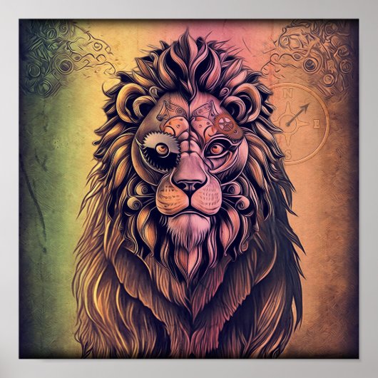 Steampunk-kleurenverloop Rustische lion Poster (Voorkant)