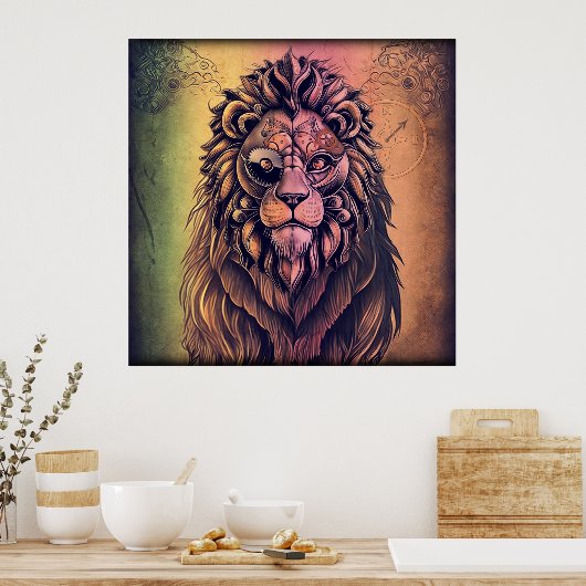 Steampunk-kleurenverloop Rustische lion Poster (Keuken)