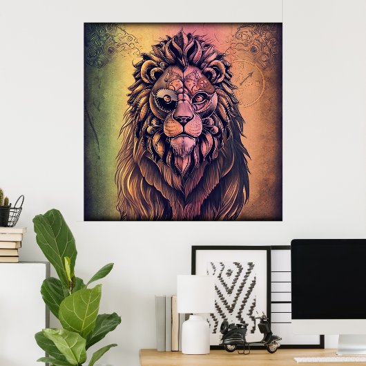 Steampunk-kleurenverloop Rustische lion Poster (Thuiskantoor)