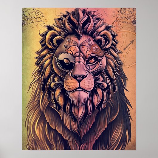 Steampunk-kleurenverloop Rustische lion Poster (Voorkant)