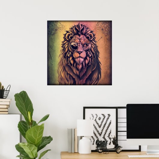 Steampunk-kleurenverloop Rustische lion Poster (Thuiskantoor)
