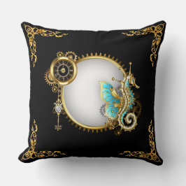 Steampunk Kleurrijke Zeepaardje op Wit en Goud  Kussen