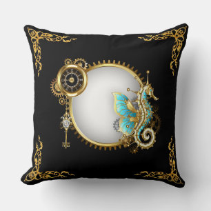 Steampunk Kleurrijke Zeepaardje op Wit en Goud  Kussen