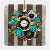 Steampunk klok en turkooisrozen op gestreept keramisch ornament (Achterkant)