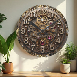 Steampunk Klok, Industrieel, tandwielen, edelstene Ronde Klok
