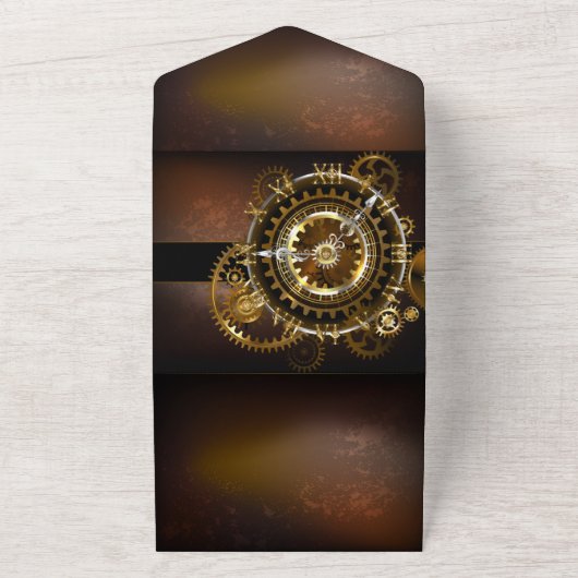 Steampunk-klok met antiek tandwiel all in one uitnodiging (Buitenkant)