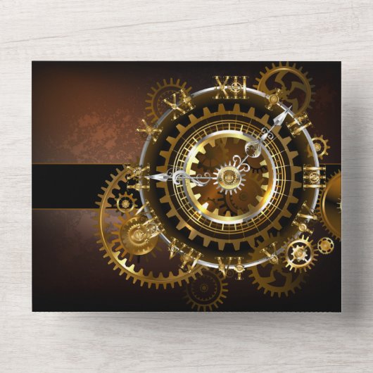 Steampunk-klok met antiek tandwiel all in one uitnodiging (Voorkant)