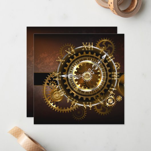 Steampunk-klok met antiek tandwiel notitiekaartje (Voorkant / Achterkant in situ)
