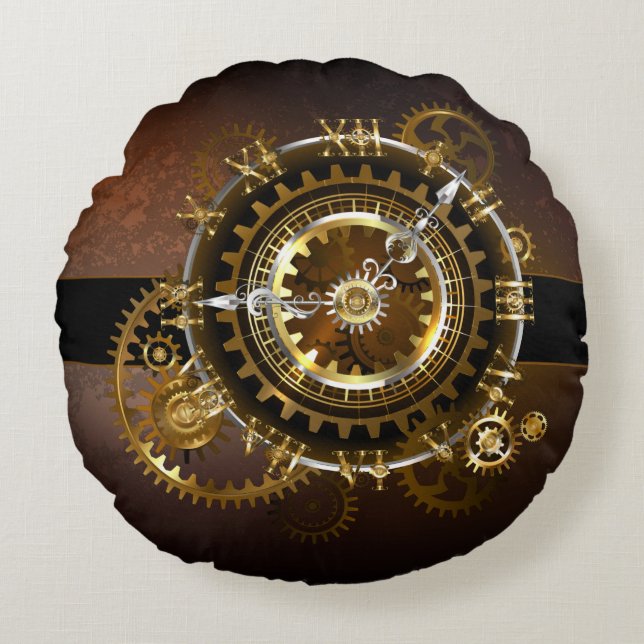 Steampunk-klok met antiek tandwiel rond kussen (Voorkant)