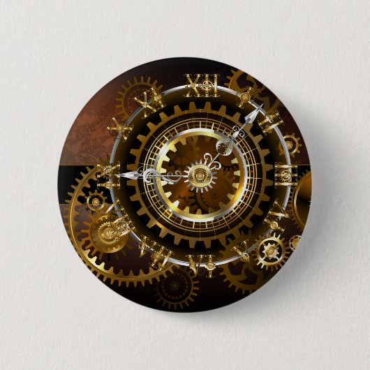 Steampunk-klok met antiek tandwiel ronde button 5,7 cm (Voorkant)