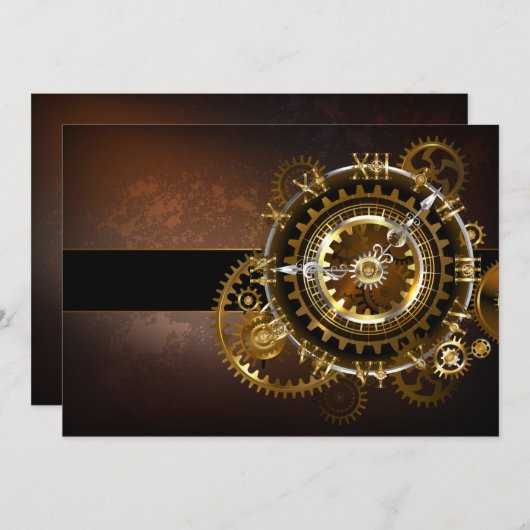 Steampunk-klok met antiek tandwiel save the date (Voorkant / Achterkant)