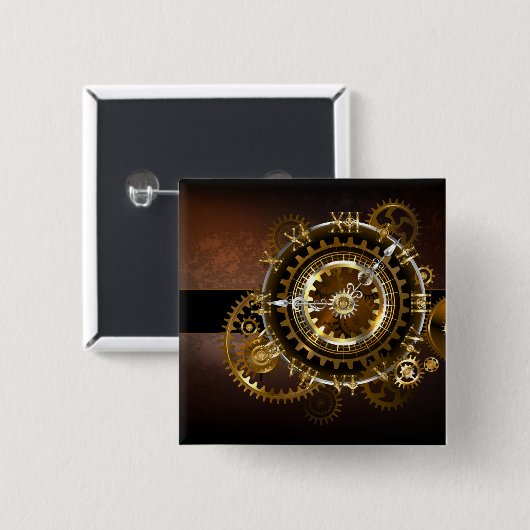 Steampunk-klok met antiek tandwiel vierkante button 5,1 cm (Voorkant /achterkant)
