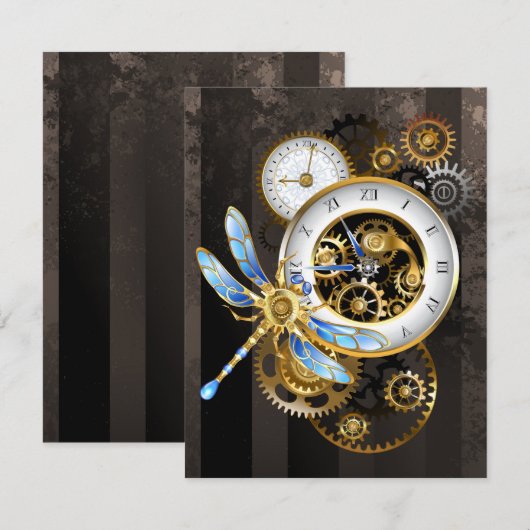 Steampunk-klok met mechanische dragonfly aankondiging (Voorkant / Achterkant)