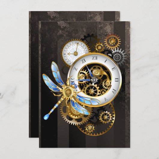 Steampunk-klok met mechanische dragonfly aankondiging (Voorkant / Achterkant)