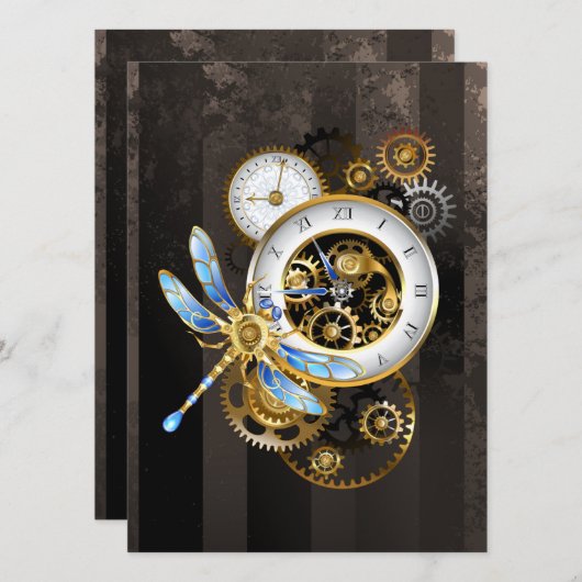 Steampunk-klok met mechanische dragonfly aankondiging (Voorkant / Achterkant)