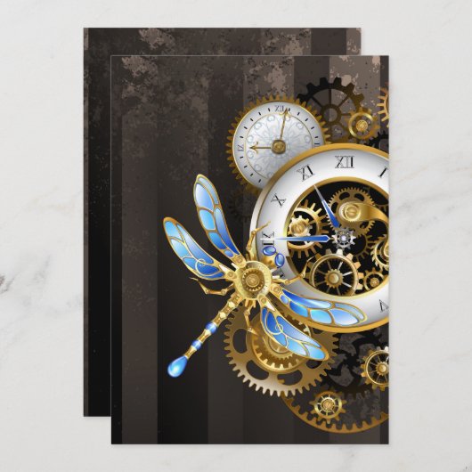 Steampunk-klok met mechanische dragonfly aankondiging (Voorkant / Achterkant)